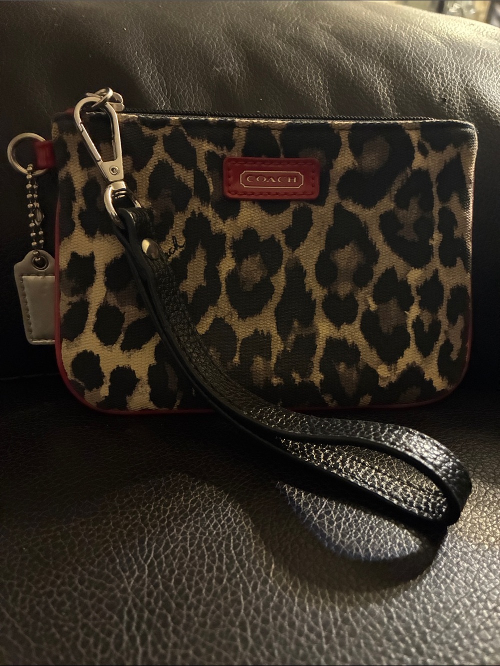 Coach Leopard Print Wristlet with Red Trim and Black Strap